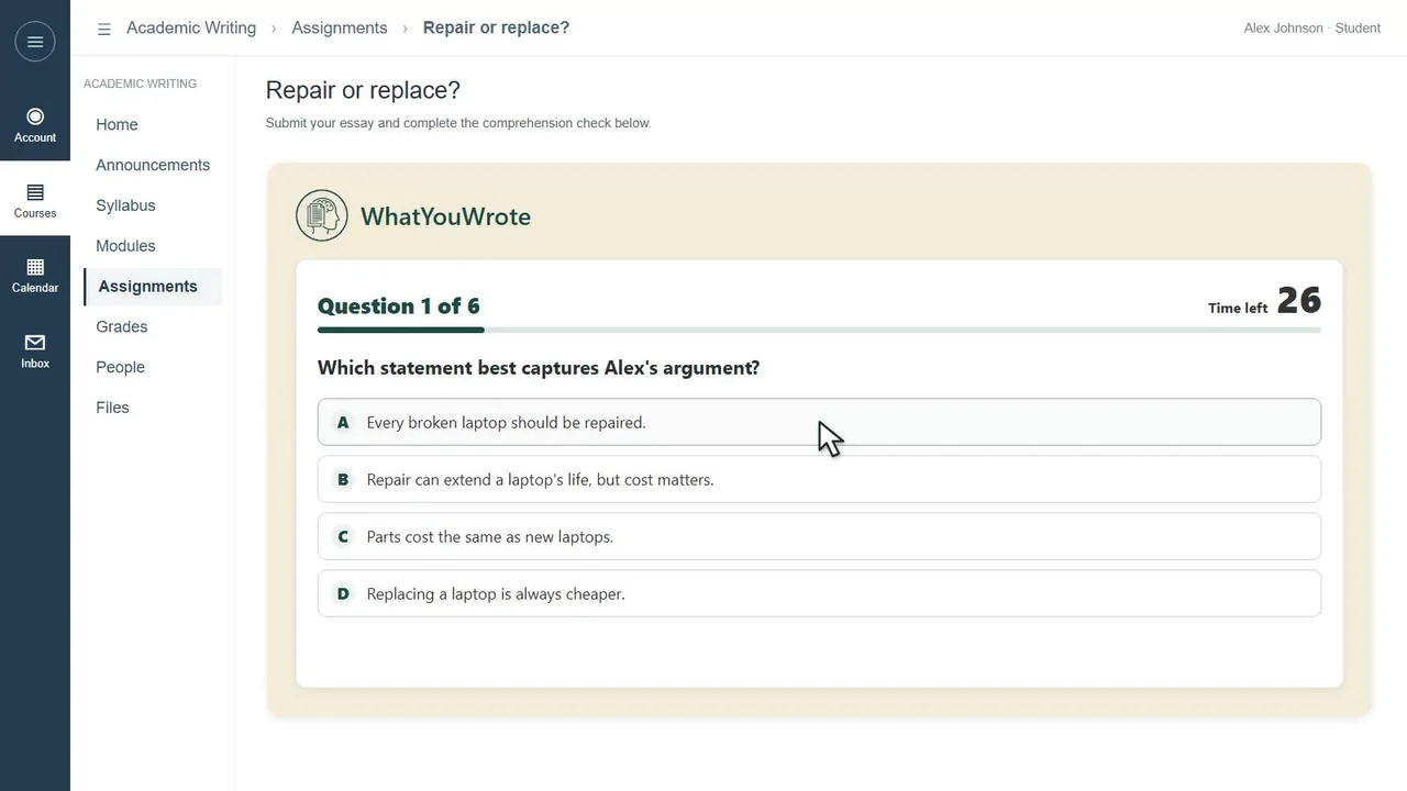 The WhatYouWrote quiz embedded in an LMS course assignment, shown with a fictional student and course