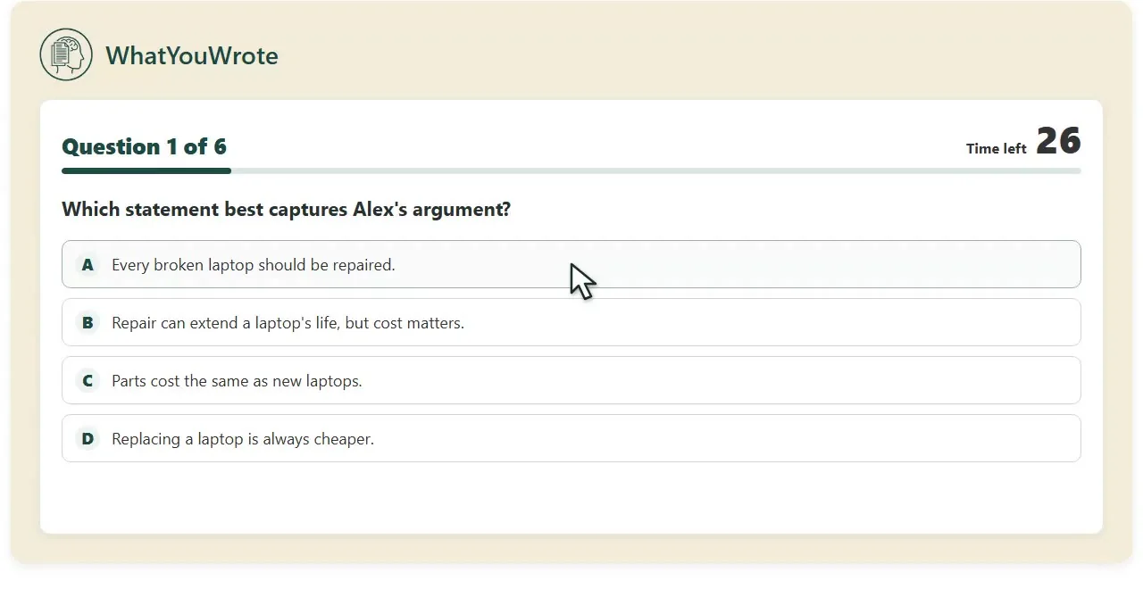 An essay comprehension question in WhatYouWrote